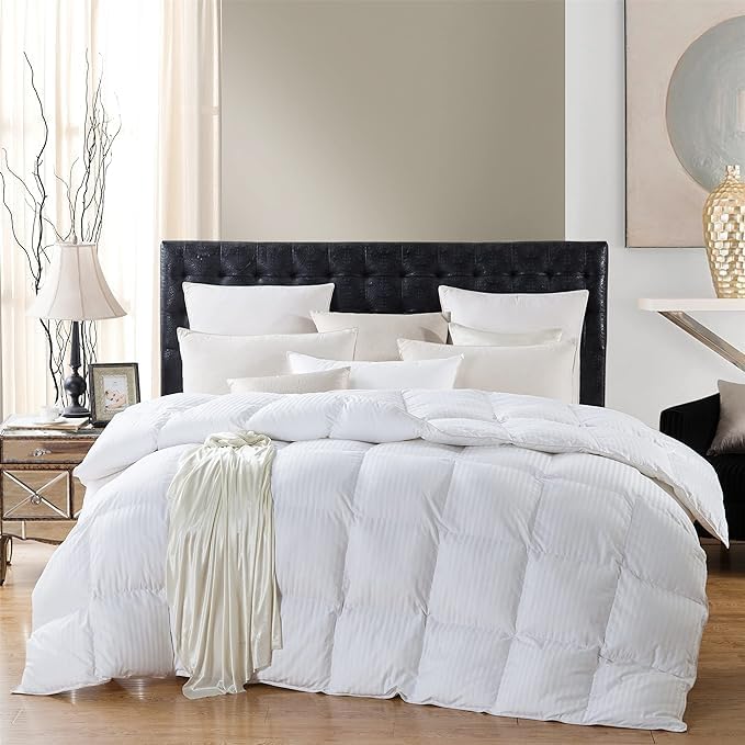 Luxurious All-Season Goose Down Feather Fiber Comforter California King Size Duvet Insert, Exquisite Pinch Pleat Design, Premium Baffle Box, 100% Egyptian Cotton Cover, 80 oz. Fill Weight, Black