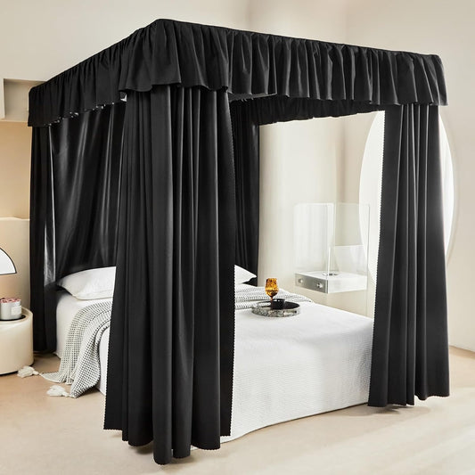 AIKASY Black Thickened Bed Canopy Curtains - Elegant Bedroom Decor for Adults and Girls - Strong Lightproof and Windproof Design(Queen, Black)