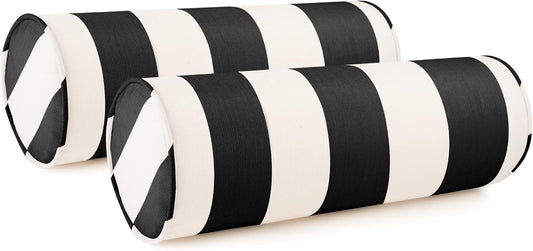 Austin Horn Classics Sunbrella Cabana Stripe White/Black Zippered Neck Roll Bolster (Set of 2)