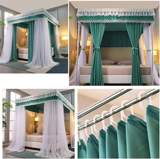 Elegant Double-Layer Canopy Bed Curtains - Luxurious Lace Princess Bed Canopy for Girls & Adults - Fits Twin, Full, Queen, King Beds - Bed Privacy & Blackout Sleeping Tents(Green,150x200cm/Full)