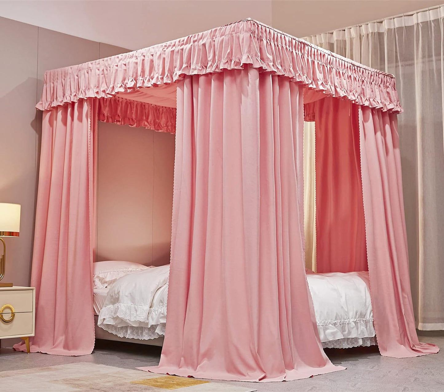 VETHIN Elastic Roof Style Four Corner Post Princess Bed Canopy Curtains Cozy Breathable Tent Canopy Mosquito Net for Girls & Adults Bedroom Decoration (Grey, 47-53" W*78" L*82"*H/Twin-Full)