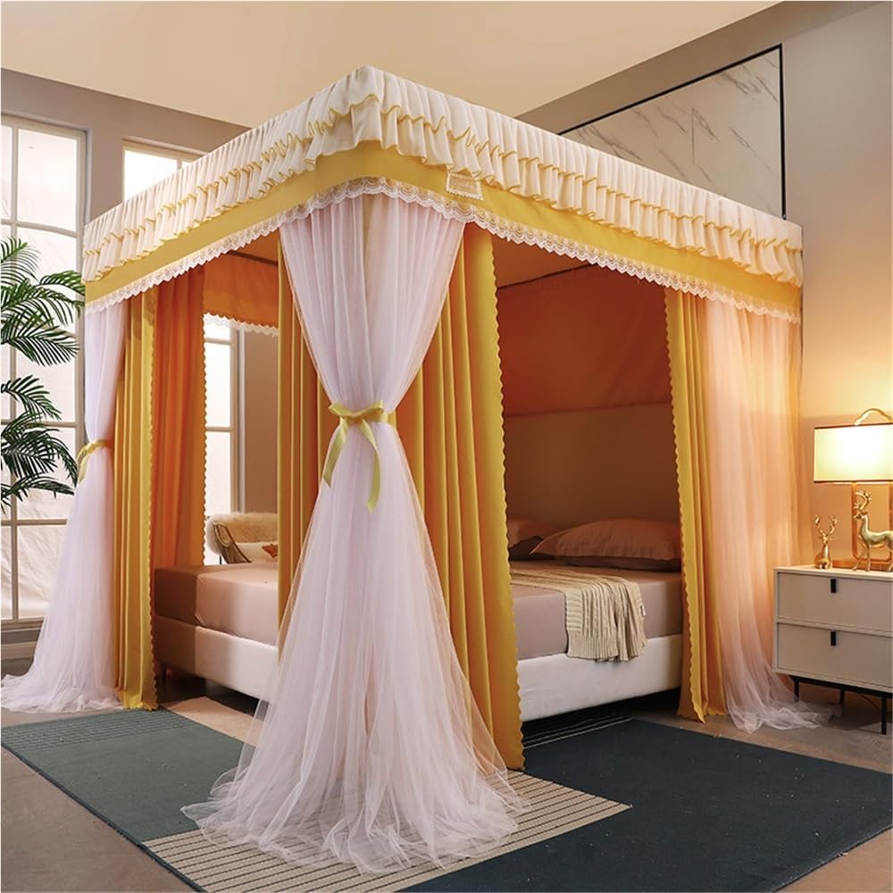 Double-Layer Bed Canopy, Floor Mosquito Net Mesh, Canopy Bed Curtains with Metal Frame, Luxurious Lace Princess Bed Canopy for Bedroom(Gray,78.7''W*86.6''L)