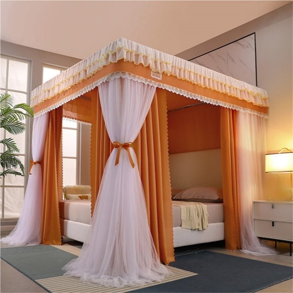 Double-Layer Bed Canopy, Floor Mosquito Net Mesh, Canopy Bed Curtains with Metal Frame, Luxurious Lace Princess Bed Canopy for Bedroom(Gray,78.7''W*86.6''L)