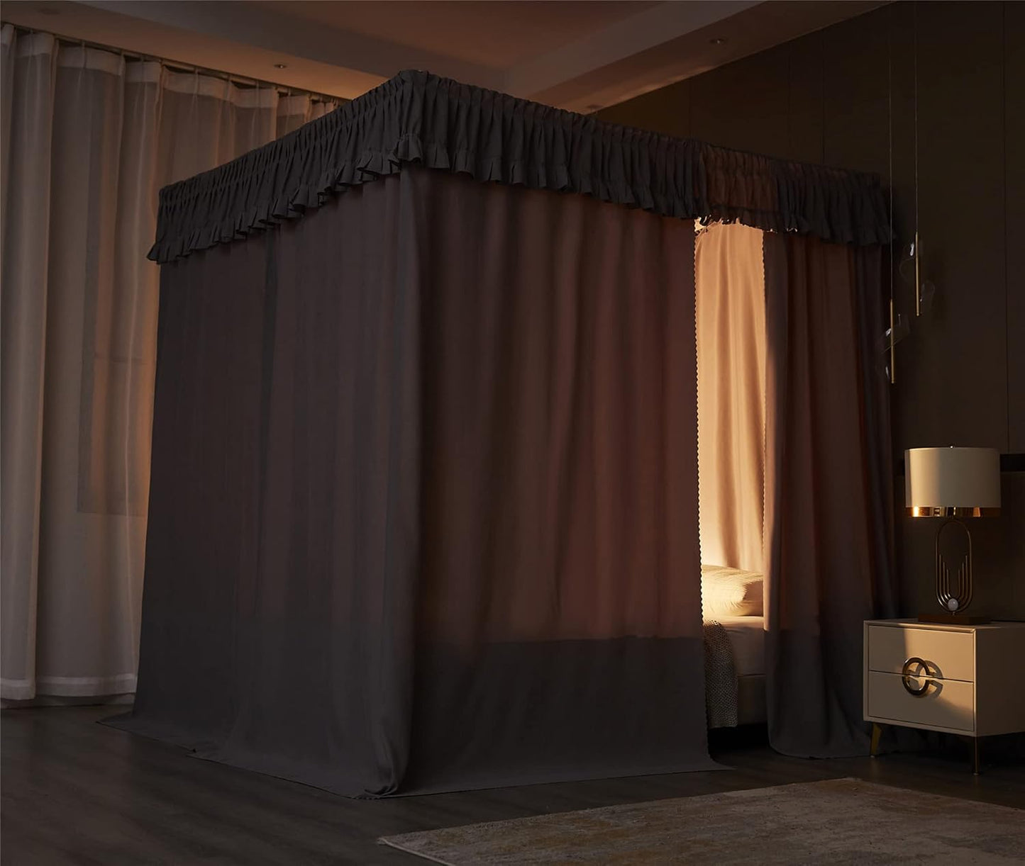 VETHIN Elastic Roof Style Four Corner Post Princess Bed Canopy Curtains Cozy Breathable Tent Canopy Mosquito Net for Girls & Adults Bedroom Decoration (Grey, 47-53" W*78" L*82"*H/Twin-Full)