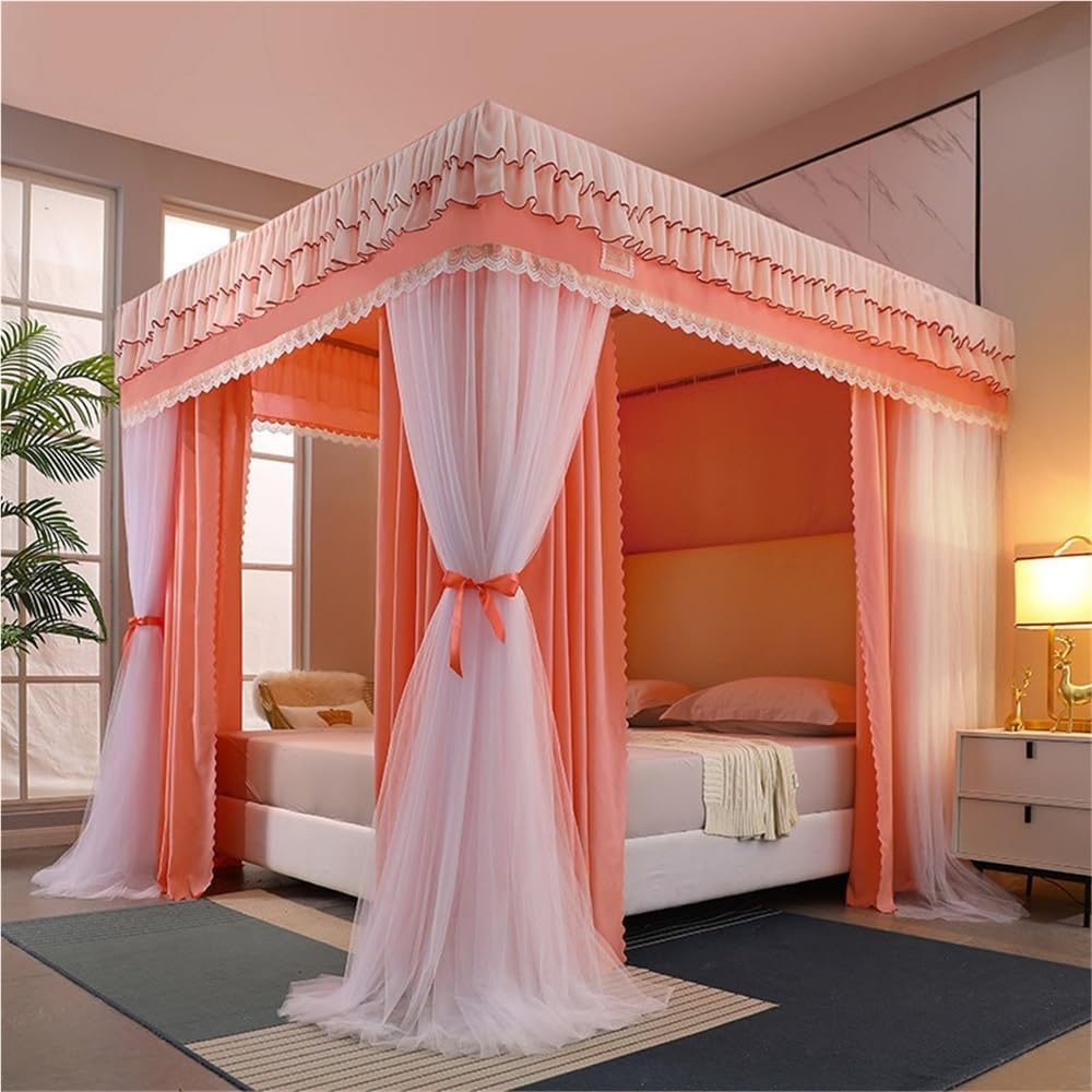 Double-Layer Bed Canopy, Floor Mosquito Net Mesh, Canopy Bed Curtains with Metal Frame, Luxurious Lace Princess Bed Canopy for Bedroom(Gray,78.7''W*86.6''L)