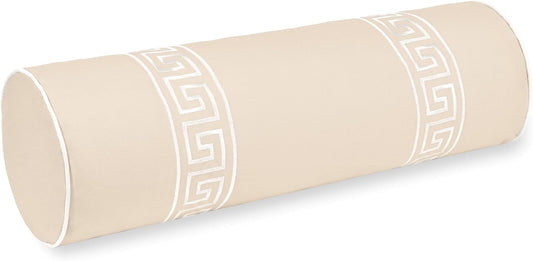 Hofdeco Premium Coastal Hampton Patio Indoor Outdoor Bolster Pillow Cover Only, 8"x24" Water Repellent for Backyard, Couch, Poolside, Neutral Tan Embroidered Greek Key