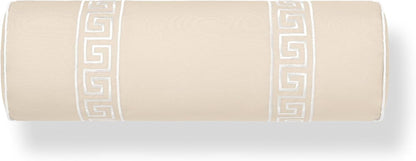 Hofdeco Premium Coastal Hampton Patio Indoor Outdoor Bolster Pillow Cover Only, 8"x24" Water Repellent for Backyard, Couch, Poolside, Neutral Tan Embroidered Greek Key