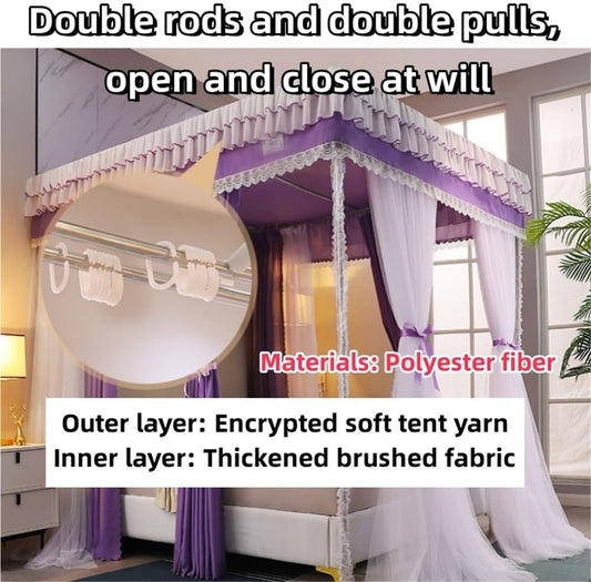 Double-Layer Bed Canopy, Floor Mosquito Net Mesh, Canopy Bed Curtains with Metal Frame, Luxurious Lace Princess Bed Canopy for Bedroom(Gray,78.7''W*86.6''L)