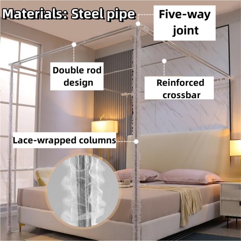 Double-Layer Bed Canopy, Floor Mosquito Net Mesh, Canopy Bed Curtains with Metal Frame, Luxurious Lace Princess Bed Canopy for Bedroom(Gray,78.7''W*86.6''L)