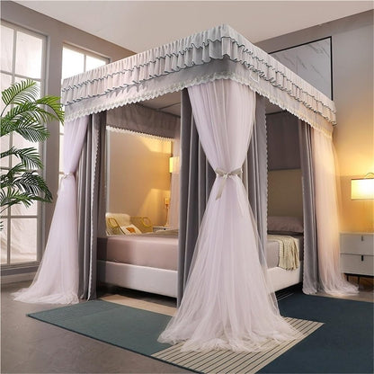 Double-Layer Bed Canopy, Floor Mosquito Net Mesh, Canopy Bed Curtains with Metal Frame, Luxurious Lace Princess Bed Canopy for Bedroom(Gray,78.7''W*86.6''L)