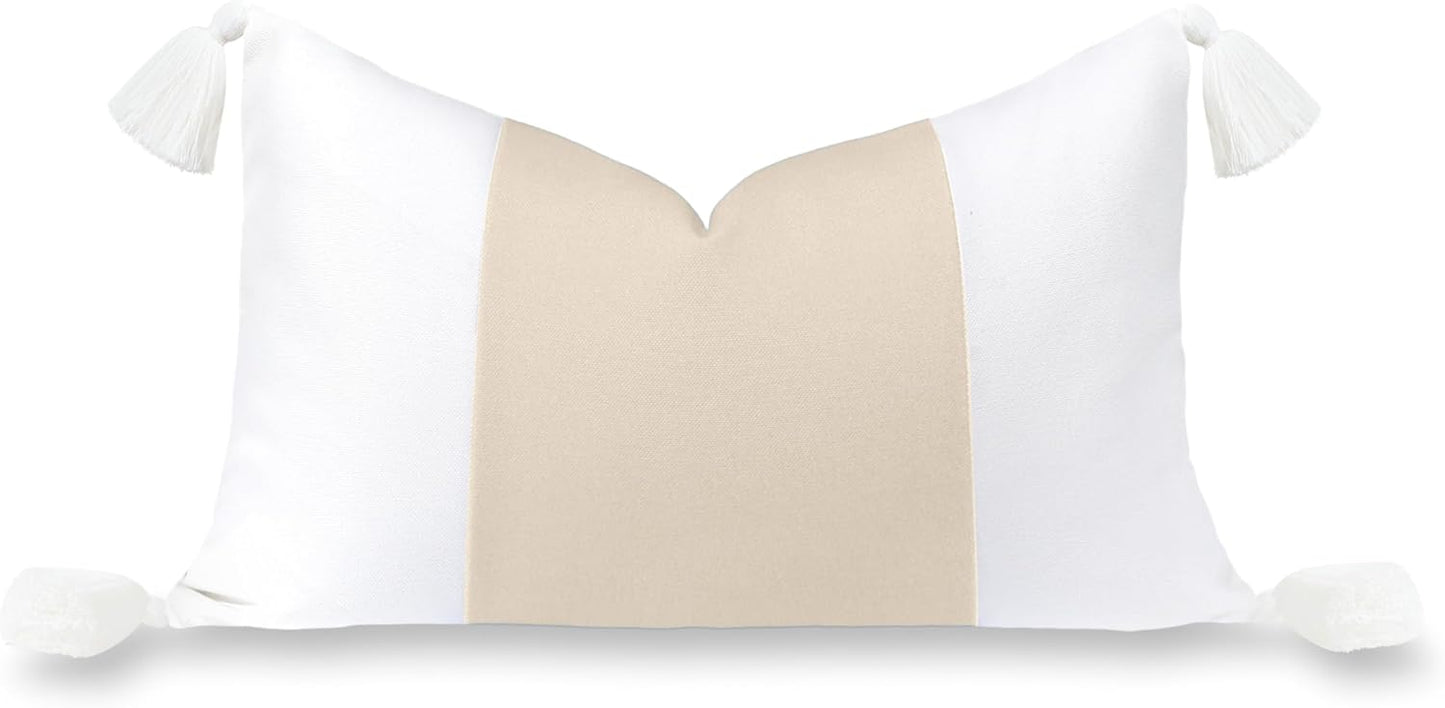 Hofdeco Premium Coastal Hampton Patio Indoor Outdoor Bolster Pillow Cover Only, 8"x24" Water Repellent for Backyard, Couch, Poolside, Neutral Tan Embroidered Greek Key