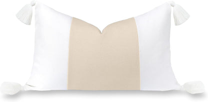 Hofdeco Premium Coastal Hampton Patio Indoor Outdoor Bolster Pillow Cover Only, 8"x24" Water Repellent for Backyard, Couch, Poolside, Neutral Tan Embroidered Greek Key