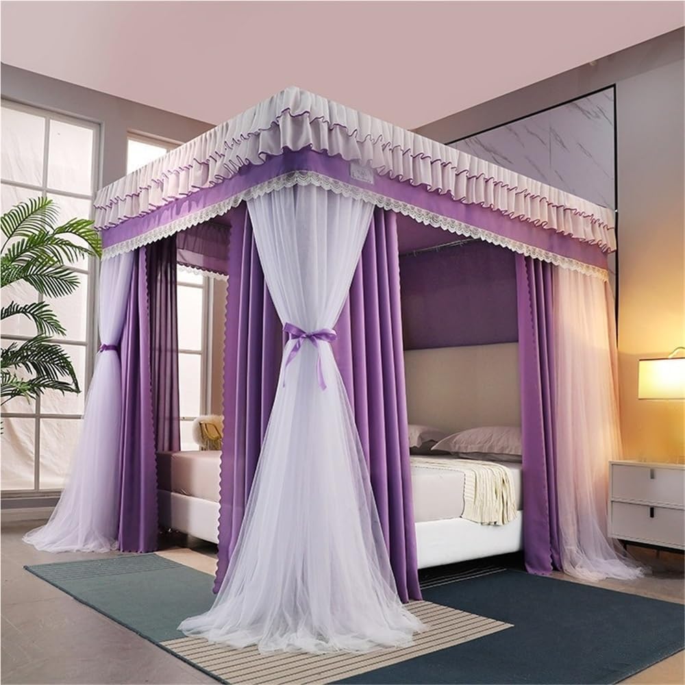 Double-Layer Bed Canopy, Floor Mosquito Net Mesh, Canopy Bed Curtains with Metal Frame, Luxurious Lace Princess Bed Canopy for Bedroom(Gray,78.7''W*86.6''L)