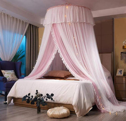 VETHIN Bed Canopy Princess for Girls,Bed Canopy Curtain Double Layer Sheer Mesh Dome Bed Curtain- Round Lace Princess Mosquito Net Tent for Twin Full Queen King Bed(Pink/White)