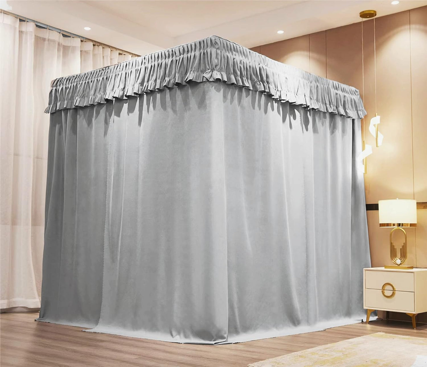 VETHIN Elastic Roof Style Four Corner Post Princess Bed Canopy Curtains Cozy Breathable Tent Canopy Mosquito Net for Girls & Adults Bedroom Decoration (Grey, 47-53" W*78" L*82"*H/Twin-Full)