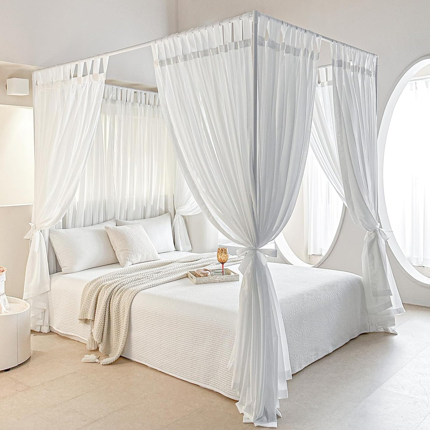 AIKASY Canopy Bed Board with Top and Self-Adhesive Strips, White Gauze Princess Bed Canopy Curtain Tent, Creating a Romantic Atmosphere in The Room（Full/Queen，White）