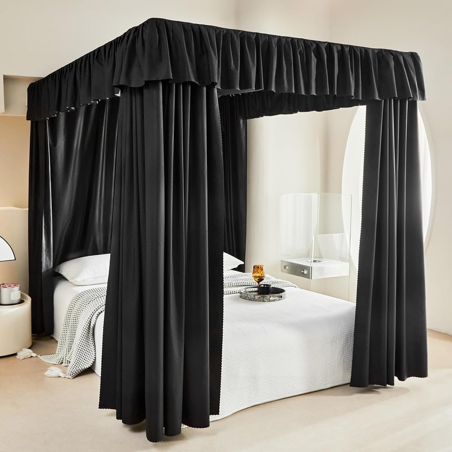 AIKASY Black Thickened Bed Canopy Curtains - Elegant Bedroom Decor for Adults and Girls - Strong Lightproof and Windproof Design(Queen, Black)