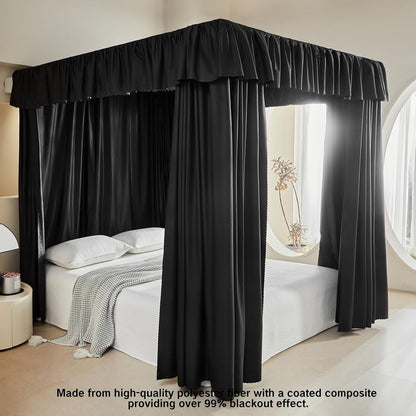 AIKASY Black Thickened Bed Canopy Curtains - Elegant Bedroom Decor for Adults and Girls - Strong Lightproof and Windproof Design(Queen, Black)