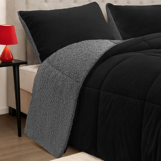 Fluffy Sherpa Queen Comforter Set 3 Pieces, Thick Reversible Down Alternative Fleece Comforter & 2 Pillow Shams,Super Soft Micromink Winter Warm Plush Bedding Comforter Sets (Black,Queen)