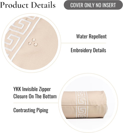 Hofdeco Premium Coastal Hampton Patio Indoor Outdoor Bolster Pillow Cover Only, 8"x24" Water Repellent for Backyard, Couch, Poolside, Neutral Tan Embroidered Greek Key