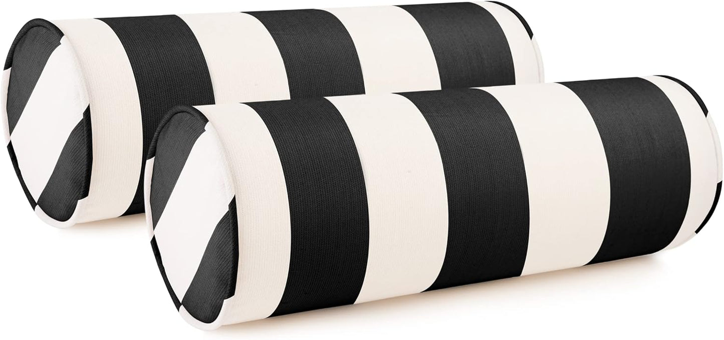 Austin Horn Classics Sunbrella Cabana Stripe White/Black Zippered Neck Roll Bolster (Set of 2)