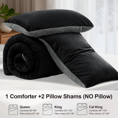 Fluffy Sherpa Queen Comforter Set 3 Pieces, Thick Reversible Down Alternative Fleece Comforter & 2 Pillow Shams,Super Soft Micromink Winter Warm Plush Bedding Comforter Sets (Black,Queen)