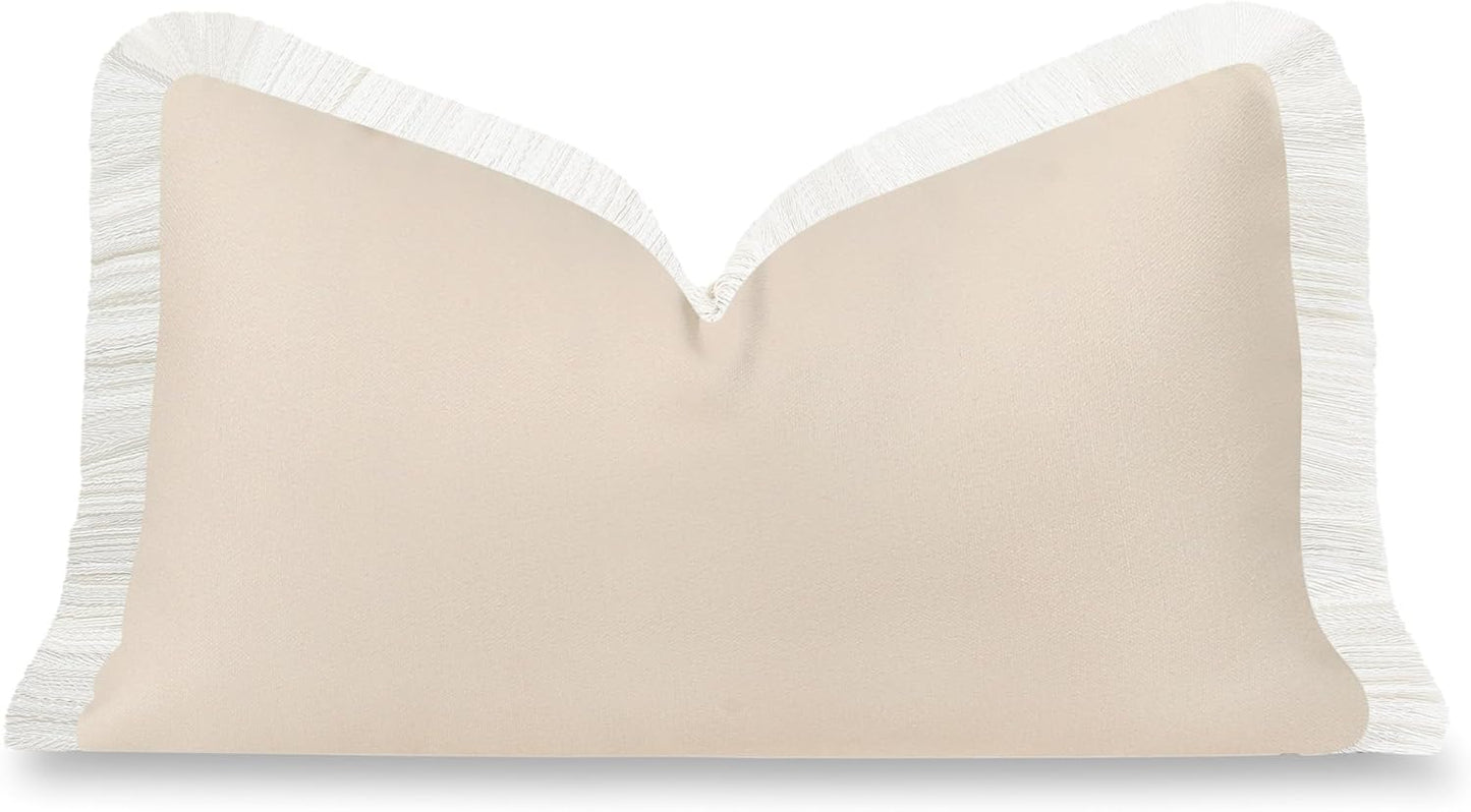 Hofdeco Premium Coastal Hampton Patio Indoor Outdoor Bolster Pillow Cover Only, 8"x24" Water Repellent for Backyard, Couch, Poolside, Neutral Tan Embroidered Greek Key