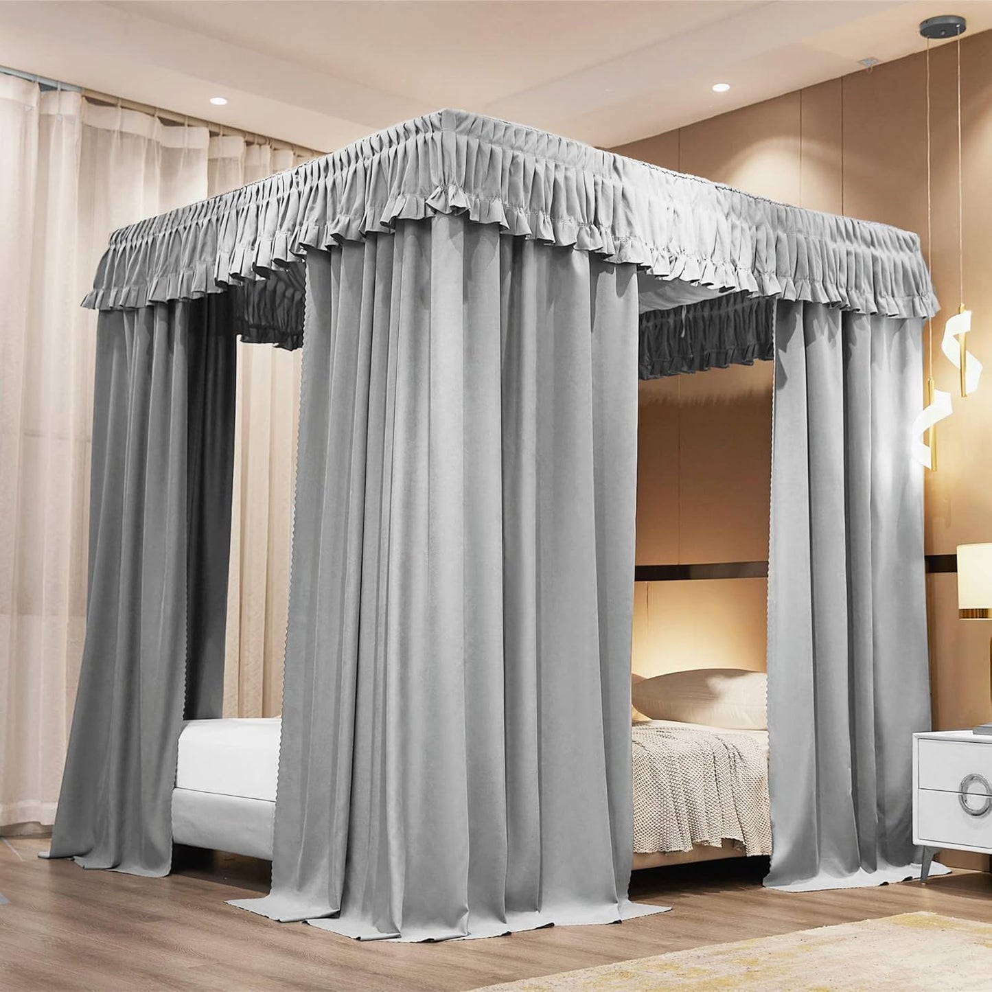 VETHIN Elastic Roof Style Four Corner Post Princess Bed Canopy Curtains Cozy Breathable Tent Canopy Mosquito Net for Girls & Adults Bedroom Decoration (Grey, 47-53" W*78" L*82"*H/Twin-Full)