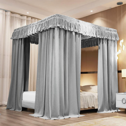 VETHIN Elastic Roof Style Four Corner Post Princess Bed Canopy Curtains Cozy Breathable Tent Canopy Mosquito Net for Girls & Adults Bedroom Decoration (Grey, 47-53" W*78" L*82"*H/Twin-Full)