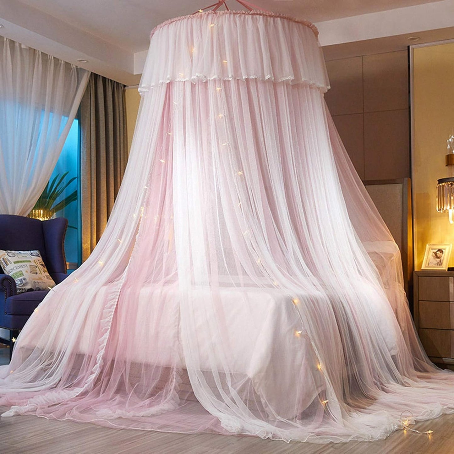 VETHIN Bed Canopy Princess for Girls,Bed Canopy Curtain Double Layer Sheer Mesh Dome Bed Curtain- Round Lace Princess Mosquito Net Tent for Twin Full Queen King Bed(Pink/White)