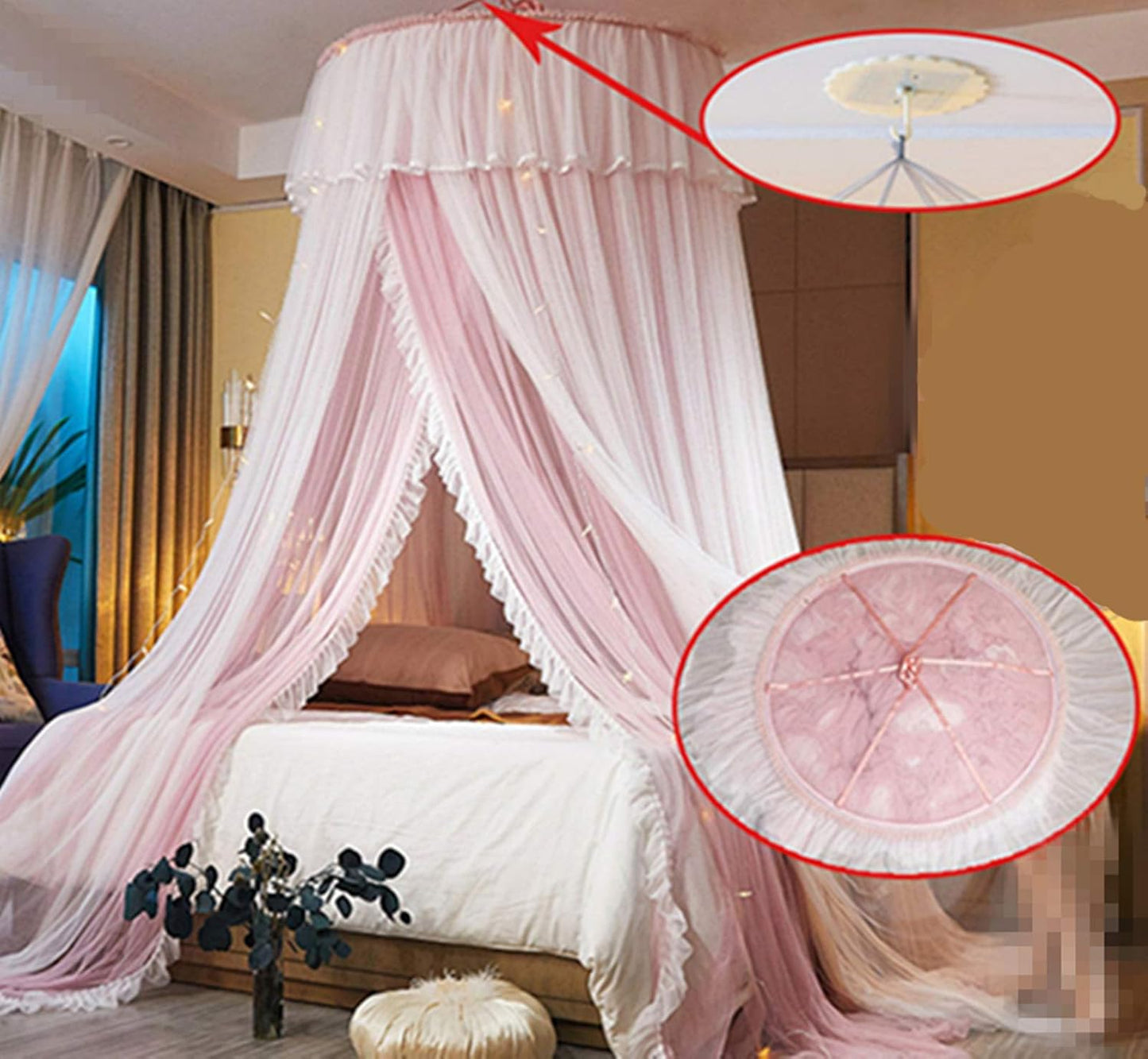 VETHIN Bed Canopy Princess for Girls,Bed Canopy Curtain Double Layer Sheer Mesh Dome Bed Curtain- Round Lace Princess Mosquito Net Tent for Twin Full Queen King Bed(Pink/White)