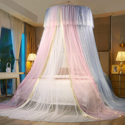 VETHIN Bed Canopy Princess for Girls,Bed Canopy Curtain Double Layer Sheer Mesh Dome Bed Curtain- Round Lace Princess Mosquito Net Tent for Twin Full Queen King Bed(Pink/White)