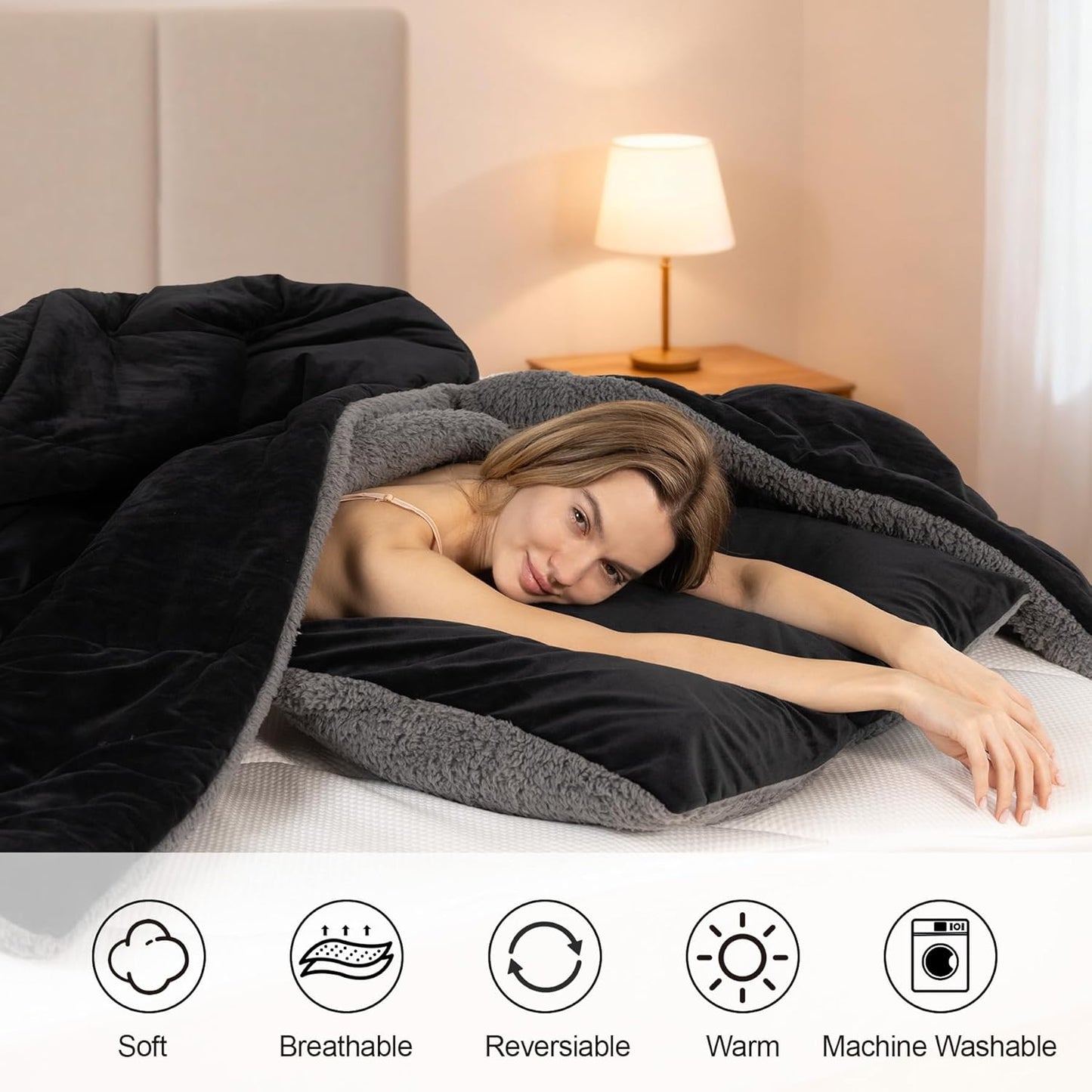 Fluffy Sherpa Queen Comforter Set 3 Pieces, Thick Reversible Down Alternative Fleece Comforter & 2 Pillow Shams,Super Soft Micromink Winter Warm Plush Bedding Comforter Sets (Black,Queen)