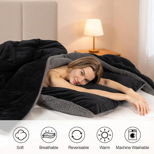 Fluffy Sherpa Queen Comforter Set 3 Pieces, Thick Reversible Down Alternative Fleece Comforter & 2 Pillow Shams,Super Soft Micromink Winter Warm Plush Bedding Comforter Sets (Black,Queen)