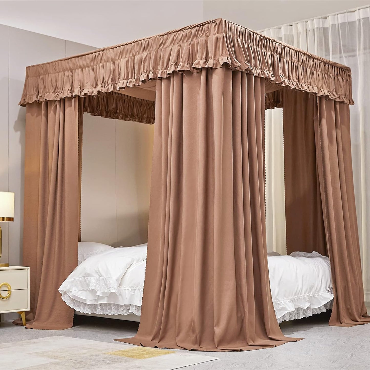 VETHIN Elastic Roof Style Four Corner Post Princess Bed Canopy Curtains Cozy Breathable Tent Canopy Mosquito Net for Girls & Adults Bedroom Decoration (Grey, 47-53" W*78" L*82"*H/Twin-Full)