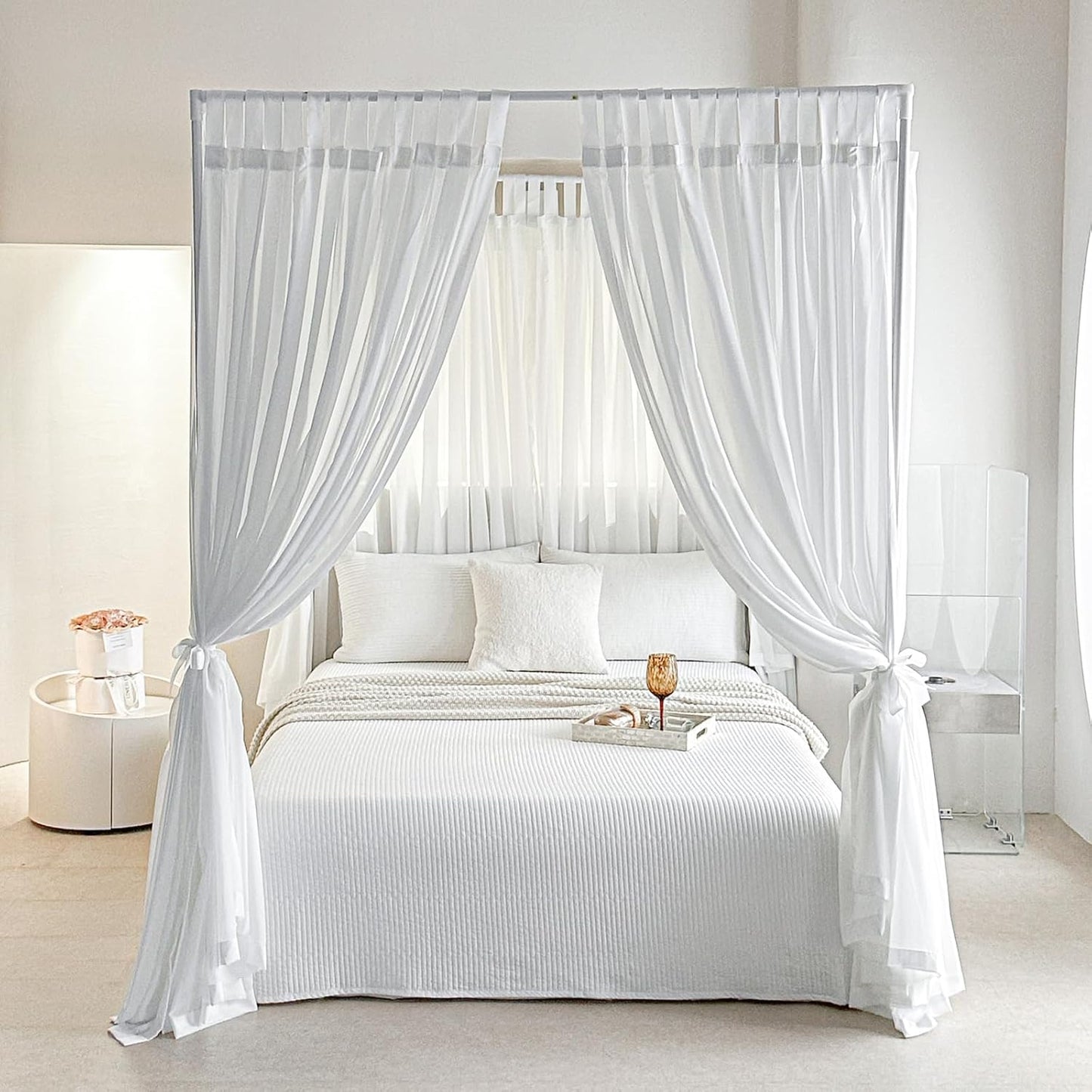 AIKASY Canopy Bed Board with Top and Self-Adhesive Strips, White Gauze Princess Bed Canopy Curtain Tent, Creating a Romantic Atmosphere in The Room（Full/Queen，White）