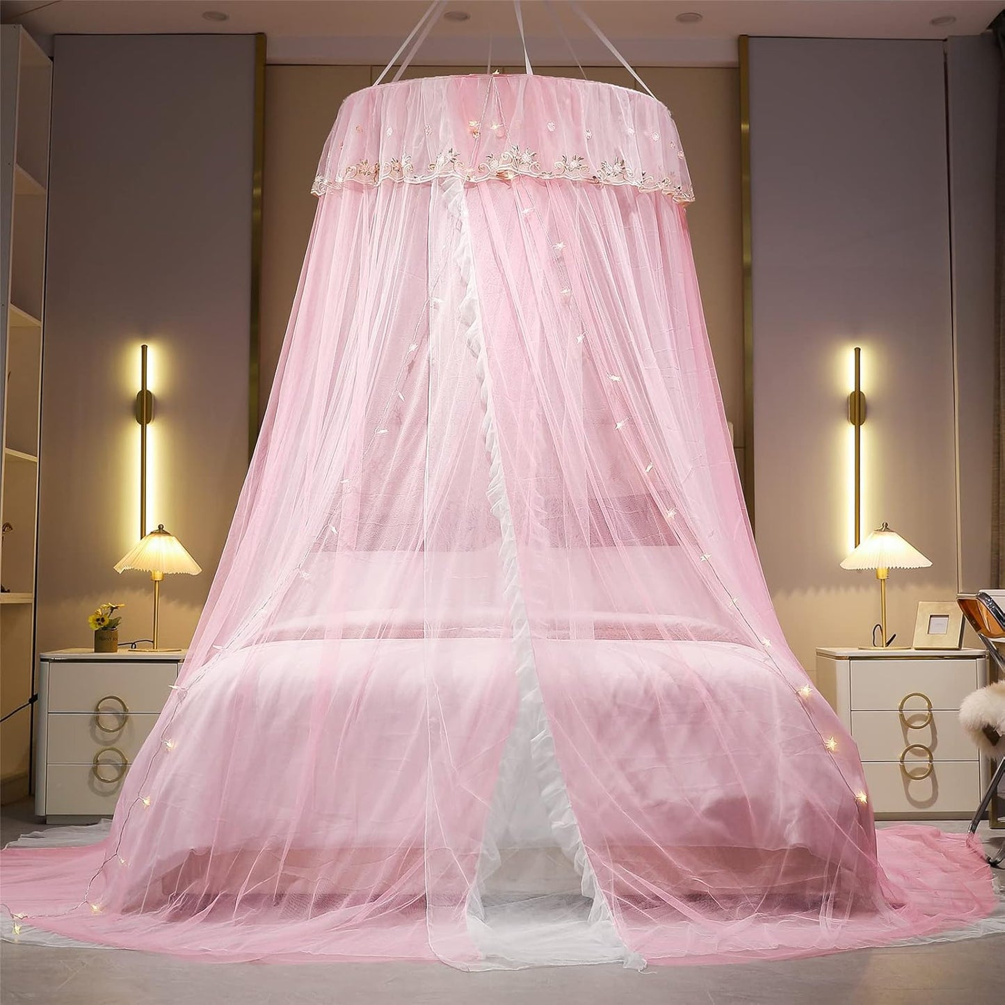 VETHIN Bed Canopy Princess for Girls,Bed Canopy Curtain Double Layer Sheer Mesh Dome Bed Curtain- Round Lace Princess Mosquito Net Tent for Twin Full Queen King Bed(Pink/White)