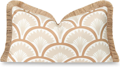 Hofdeco Premium Coastal Hampton Patio Indoor Outdoor Bolster Pillow Cover Only, 8"x24" Water Repellent for Backyard, Couch, Poolside, Neutral Tan Embroidered Greek Key