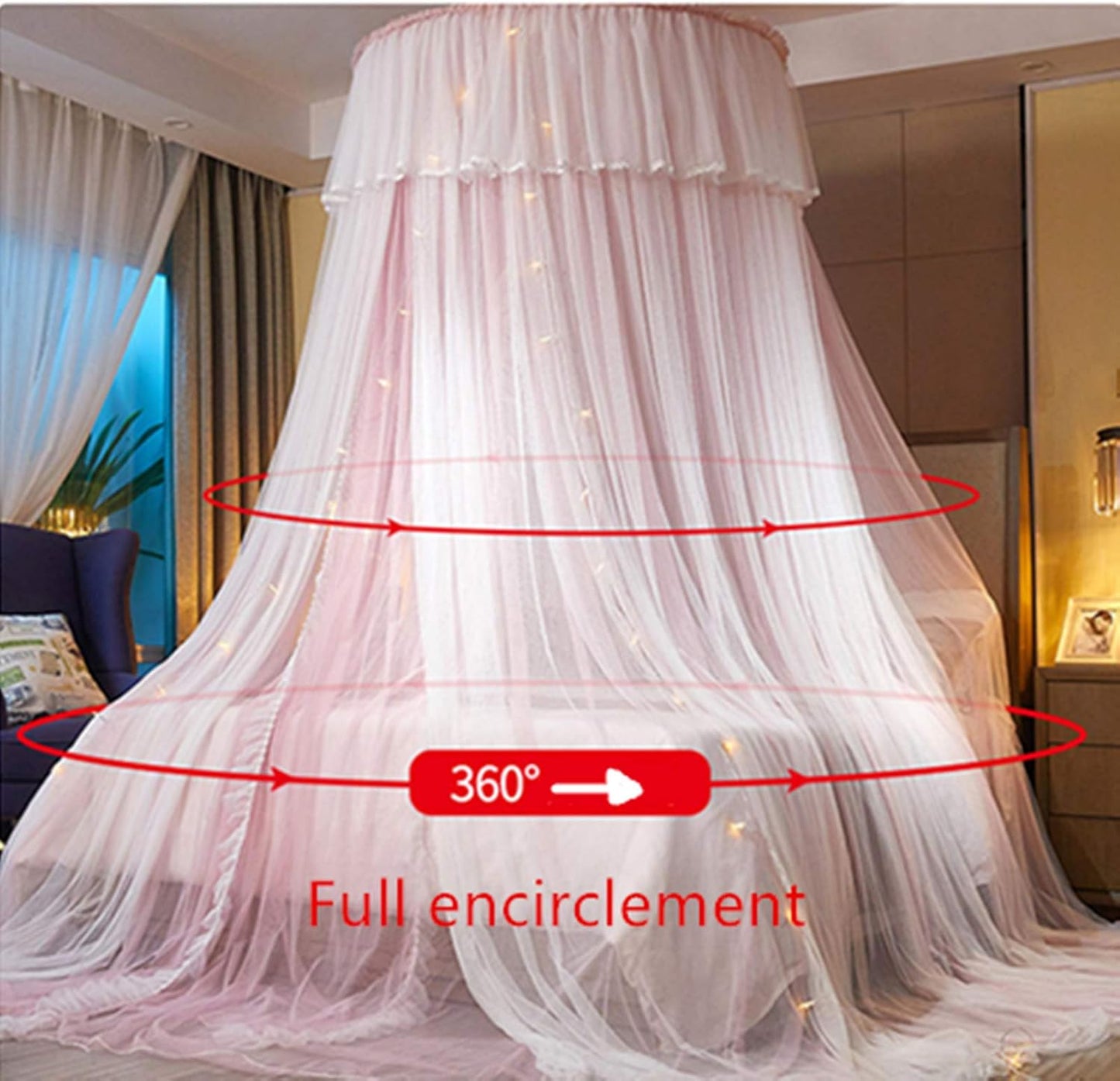 VETHIN Bed Canopy Princess for Girls,Bed Canopy Curtain Double Layer Sheer Mesh Dome Bed Curtain- Round Lace Princess Mosquito Net Tent for Twin Full Queen King Bed(Pink/White)