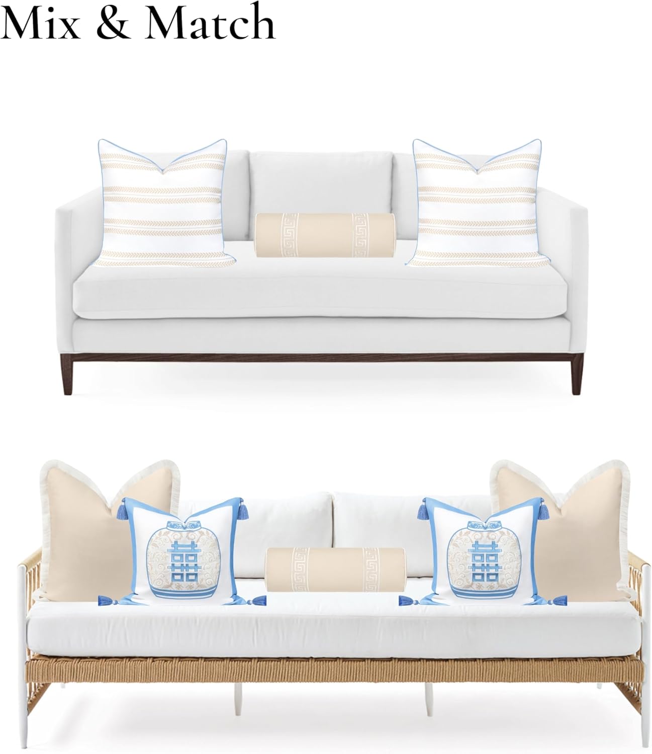 Hofdeco Premium Coastal Hampton Patio Indoor Outdoor Bolster Pillow Cover Only, 8"x24" Water Repellent for Backyard, Couch, Poolside, Neutral Tan Embroidered Greek Key