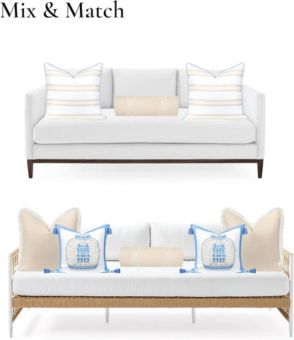 Hofdeco Premium Coastal Hampton Patio Indoor Outdoor Bolster Pillow Cover Only, 8"x24" Water Repellent for Backyard, Couch, Poolside, Neutral Tan Embroidered Greek Key