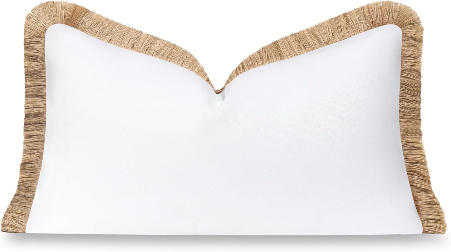 Hofdeco Premium Coastal Hampton Patio Indoor Outdoor Bolster Pillow Cover Only, 8"x24" Water Repellent for Backyard, Couch, Poolside, Neutral Tan Embroidered Greek Key