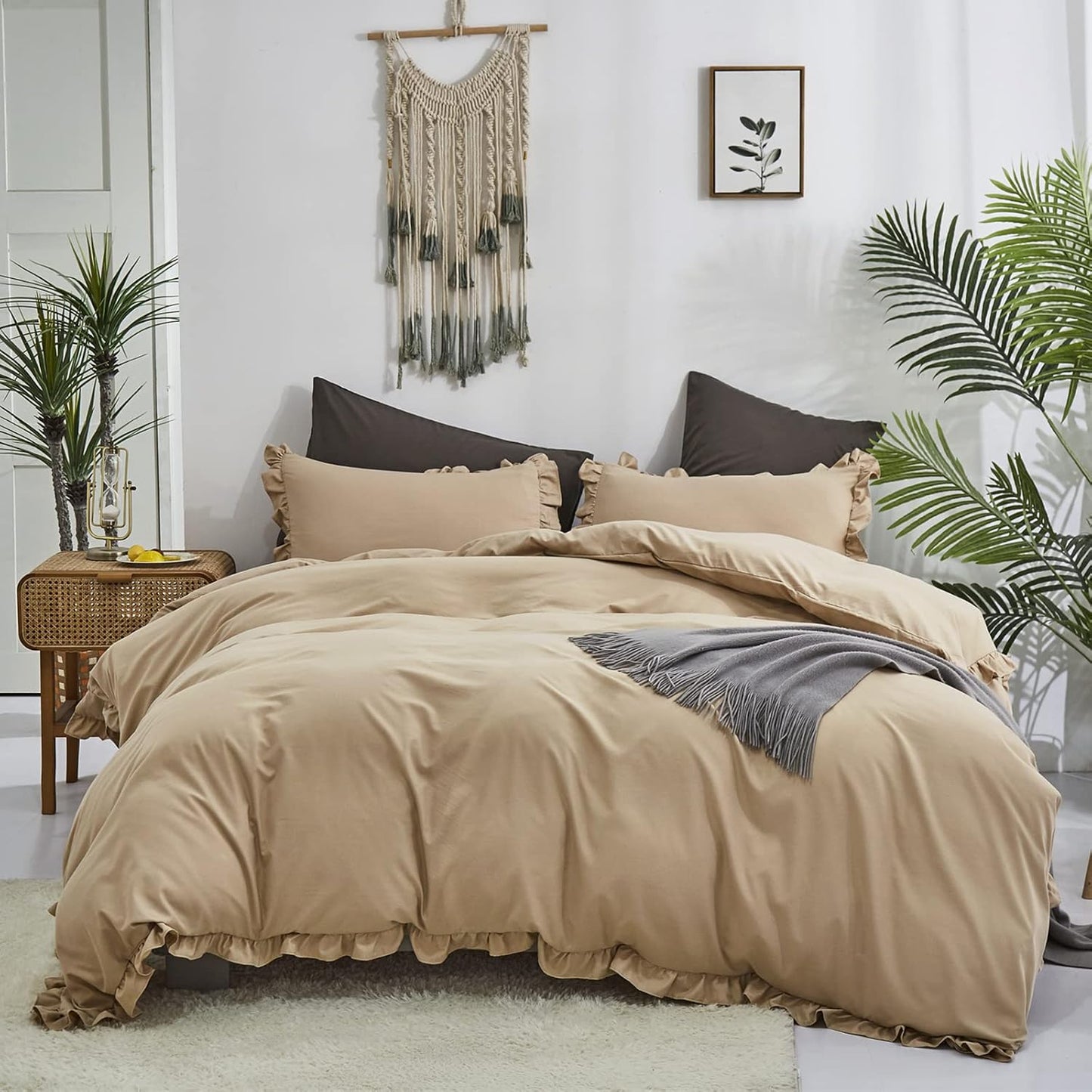 Luxlovery Beige Khaki Comforter Set Queen Beige Bedding Set Oatmeal Blanket Quilts Solid Cream Khaki Taupe 3PCS Queen Comforter Set Women Men