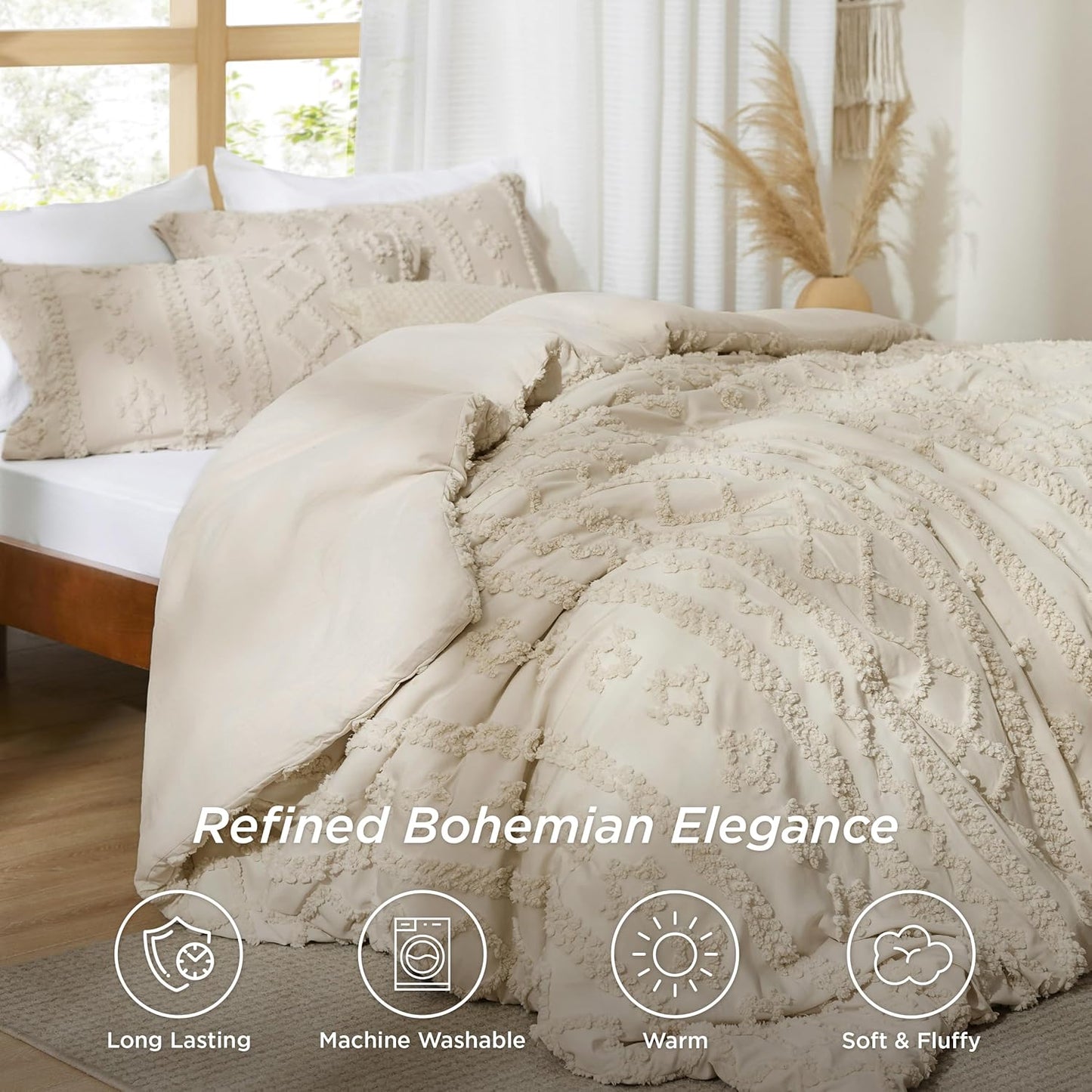 Bedsure Tufted Boho Comforter Set Queen Size - Beige Boho Bed Set, GentleSoft™ 3 Pieces Farmhouse Shabby Chic Embroidery Bedding, Gifts for Woman, Soft Jacquard Queen Comforter for All Seasons