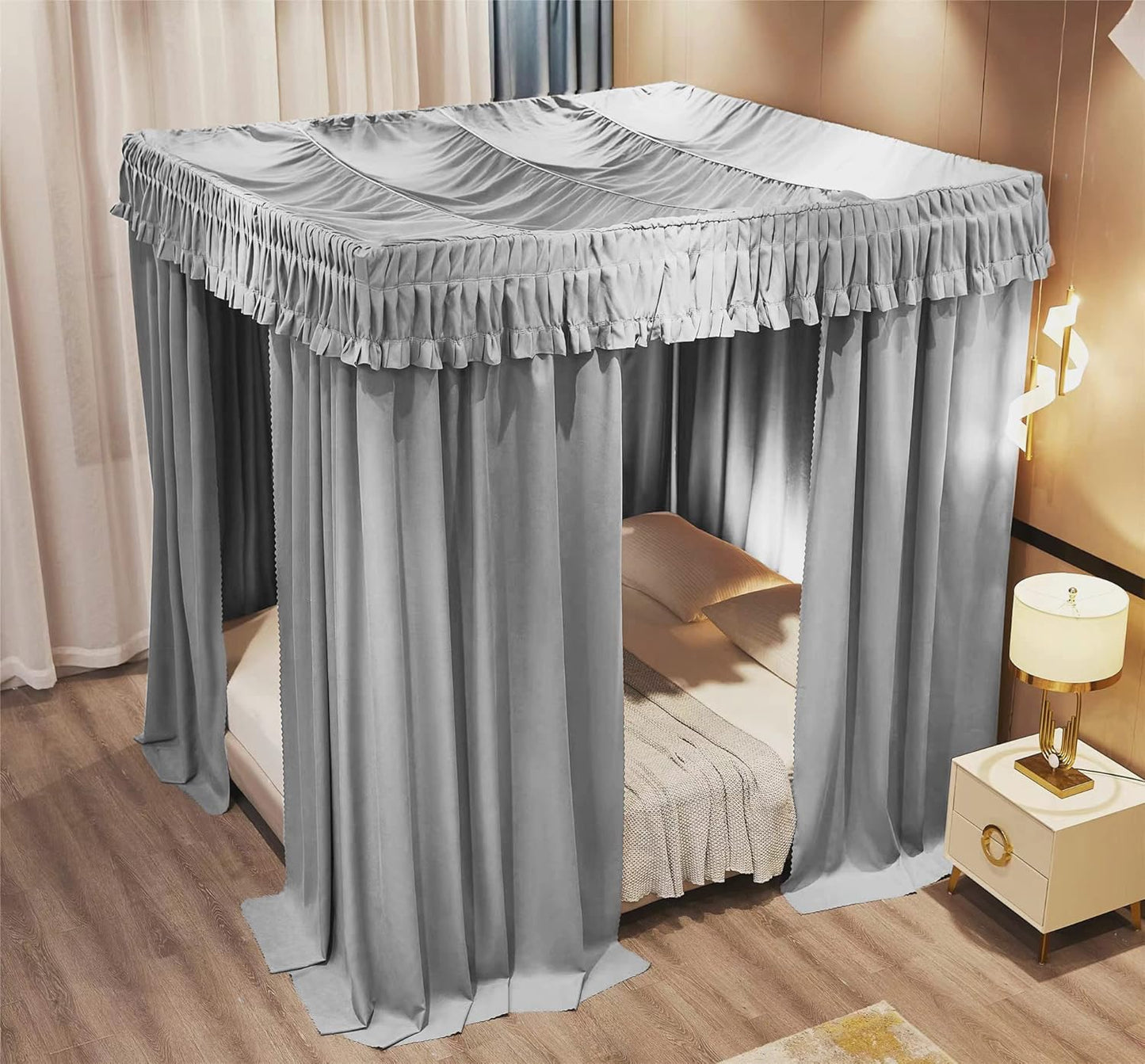 VETHIN Elastic Roof Style Four Corner Post Princess Bed Canopy Curtains Cozy Breathable Tent Canopy Mosquito Net for Girls & Adults Bedroom Decoration (Grey, 47-53" W*78" L*82"*H/Twin-Full)
