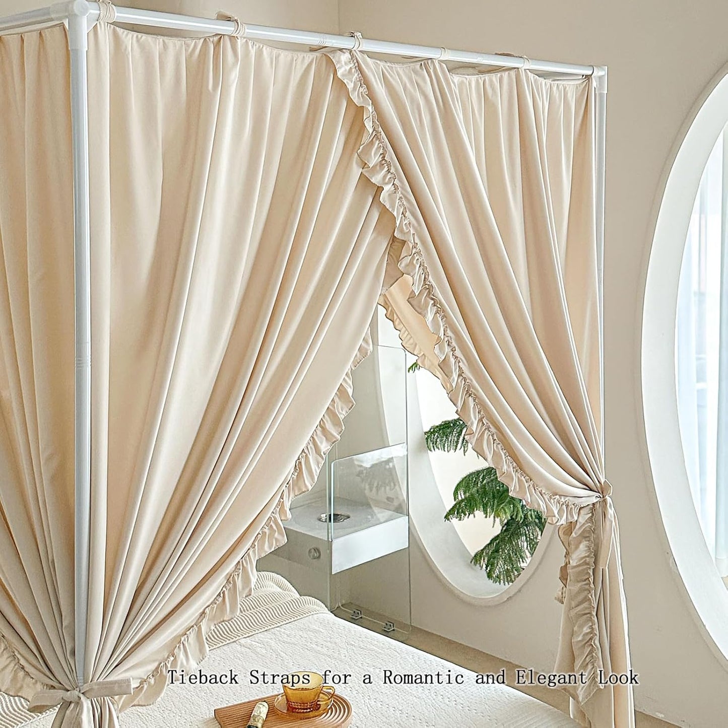 AIKASY Princess Canopy Bed Curtains with Top Ties - Windproof & Lightproof for Girls' Adult Bedroom Decor | Bed Canopy Drapes (Queen,Khaki)