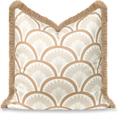 Hofdeco Premium Coastal Hampton Patio Indoor Outdoor Bolster Pillow Cover Only, 8"x24" Water Repellent for Backyard, Couch, Poolside, Neutral Tan Embroidered Greek Key