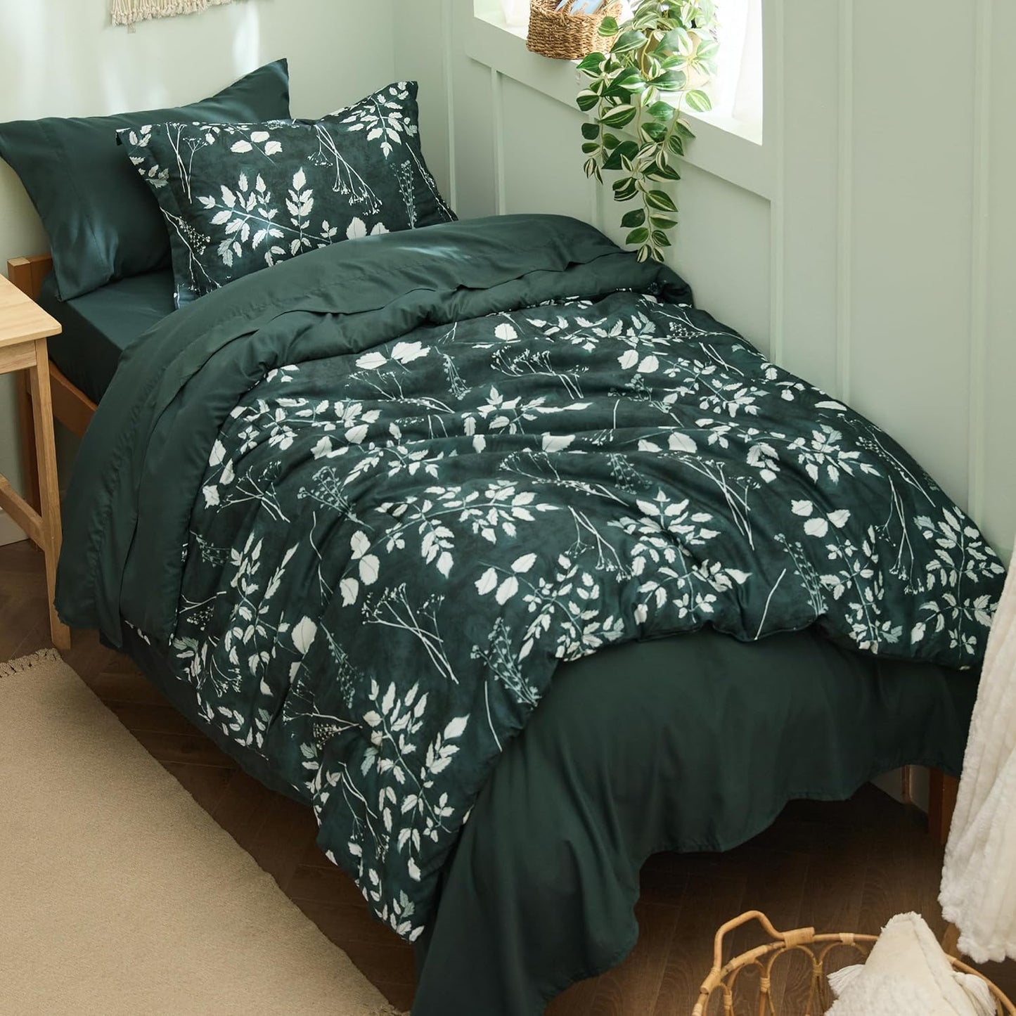 Bedsure Queen Comforter Set - 7 Pieces Floral Sage Green Soft Bedding Sets, Queen Bed in a Bag with Botanical Flowers Comforter, Sheets, Pillowcases & Shams