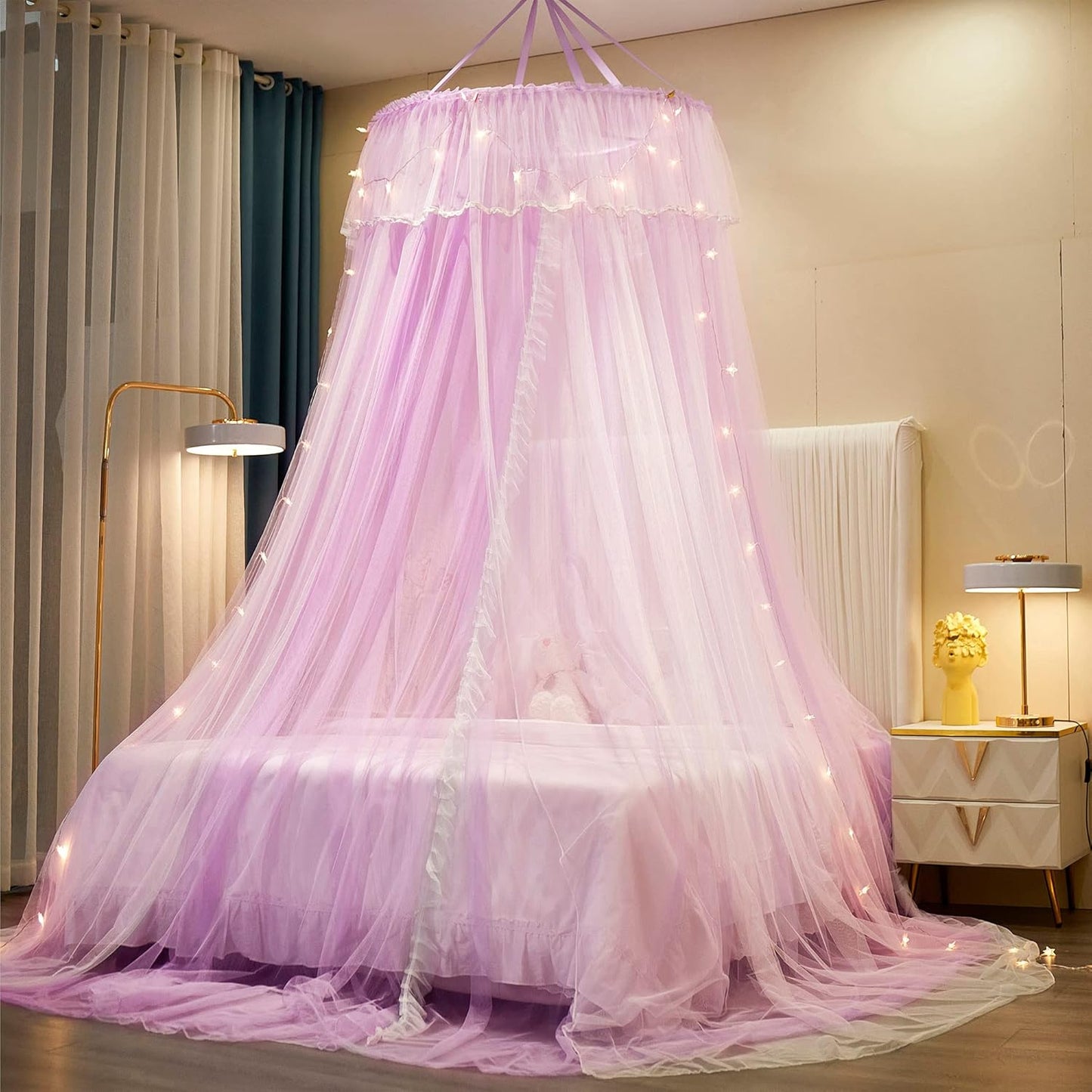 VETHIN Bed Canopy Princess for Girls,Bed Canopy Curtain Double Layer Sheer Mesh Dome Bed Curtain- Round Lace Princess Mosquito Net Tent for Twin Full Queen King Bed(Pink/White)