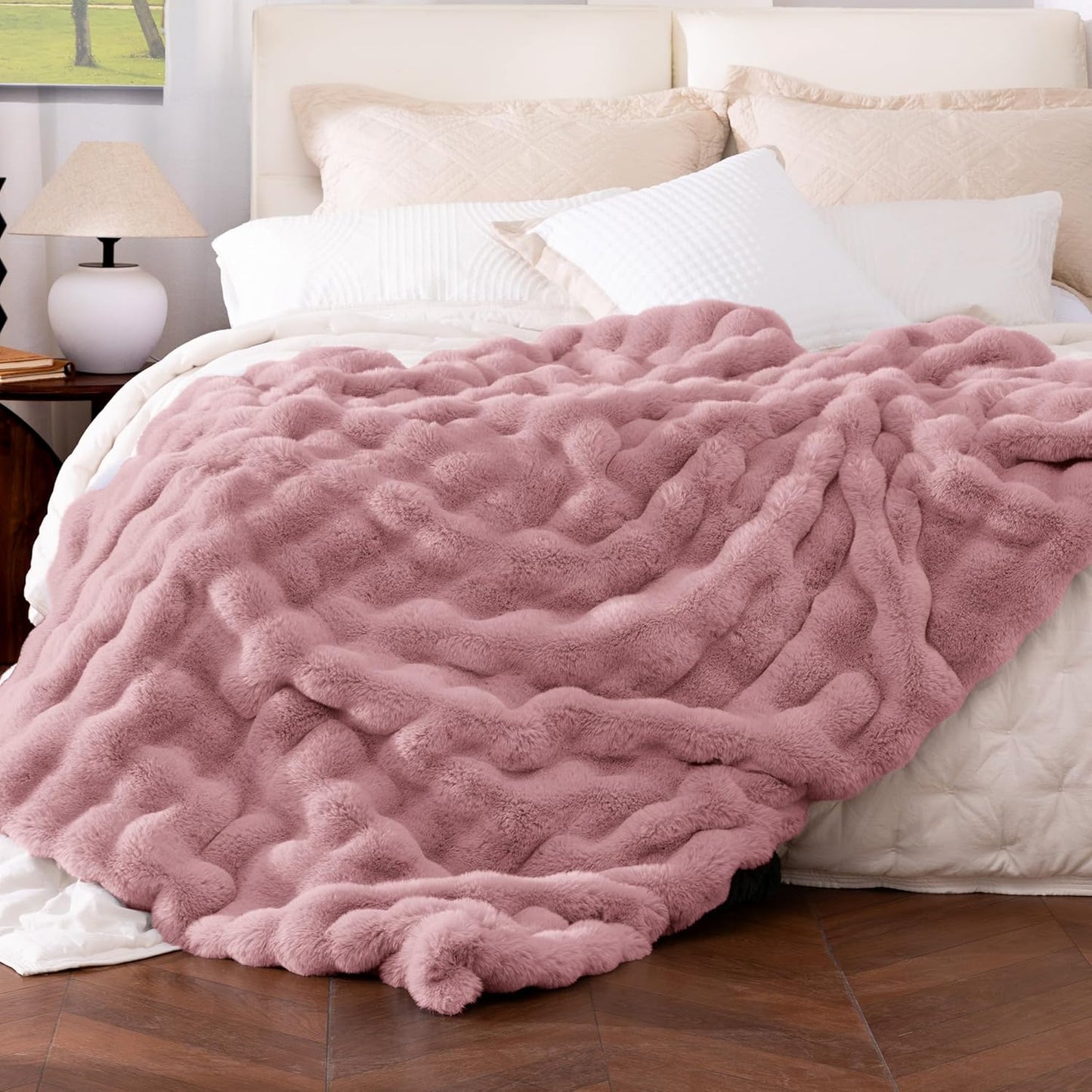Ultra Soft Cozy Faux Fur Throw Blanket, Fuzzy Plush Thick Bubble Blanket, Luxury Fluffy Blanket for Couch, Sofa, Bedroom, and Living Room, 50x60 Inches, Cream White